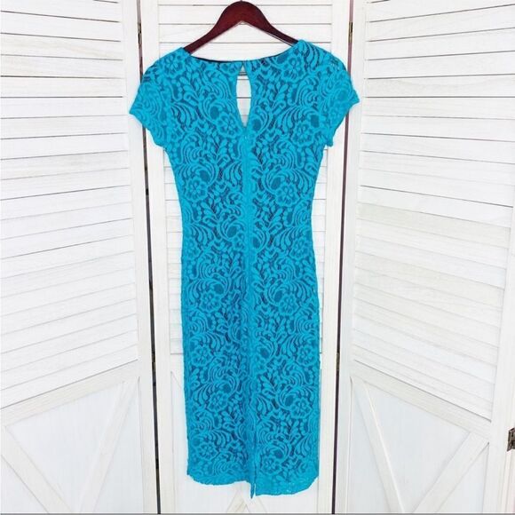 Eva Mendes New York & Co. Lace Sheath Bodycon‎ Dress Teal Black 2 Cap Sleeve - Picture 9 of 11